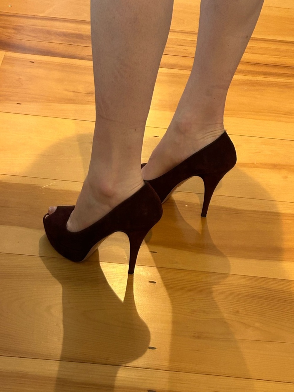 PRADA | Peep Toe Heels | Womens 38/8 Deep Burgundy Suede Platform Stiletto Pumps - Picture 4 of 8
